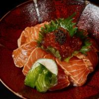 Salmon Oyako Don · Sliced salmon dressed with oyster soy sauce. Topped with marinated salmon caviar