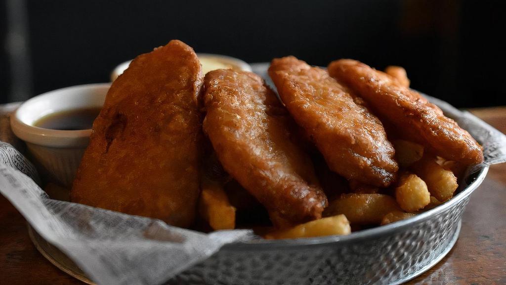Fish & Chips · Beer battered cod, french fries.