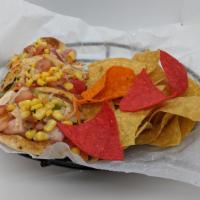 Tres Tacos Loco · With chipotle ranch slaw, roasted corn salsa in naan bread Choice of BBQ - side of corn chips