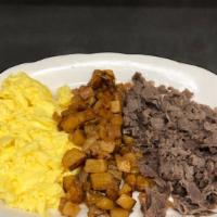 Steak And Eggs · Three farm fresh eggs, chopped Philly steak.