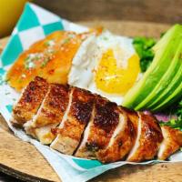 Chicken Llapingachos · Chicken, potato pattie, avocado, egg, house salad