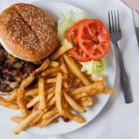 Parkway Burger · Sauteed onions, mushrooms and swiss cheese. Served with french fries.