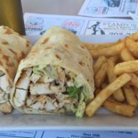 Mike'S Grilled Chicken Caesar Wrap · Served with french fries.