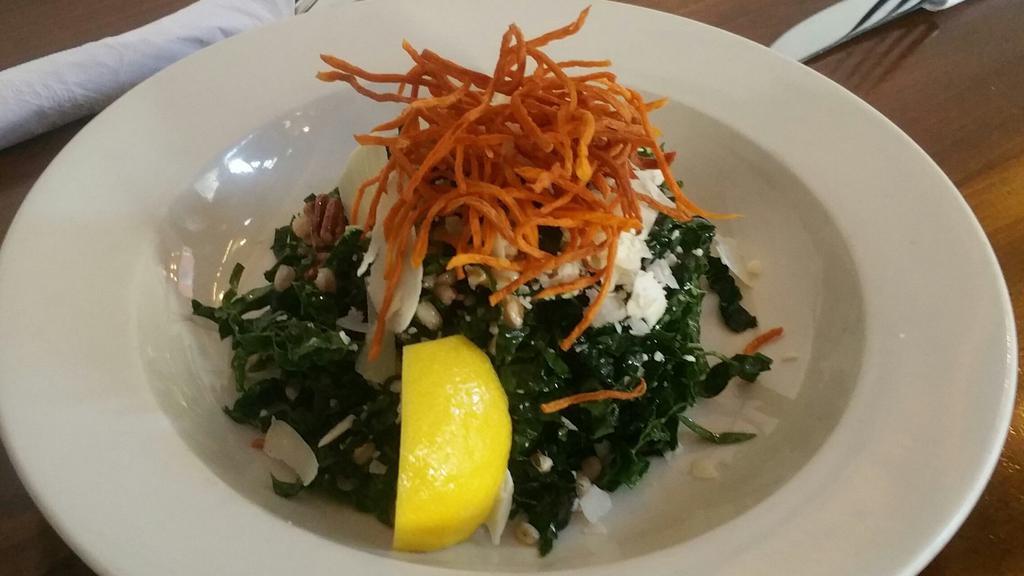 Tuscan Kale Salad · Roasted Sweet Potatoes, Toasted Farro, tossed in a citrus vinaigrette with Pecan Nuts & Shaved Parmesan.