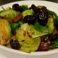 Roasted Brussel Sprouts · Agave Nectar, Dry Cherries, Crispy Bacon