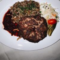 Bear’S Paw Cutlet · Chopped beef mixed with liver meat, served with buckwheat and mushroom kasha. Served with th...