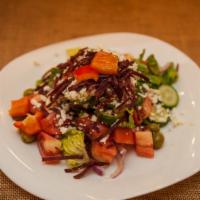 Greek Salad · Gluten-free. tomatoes, cucumbers, red onions, feta cheese, basturma.