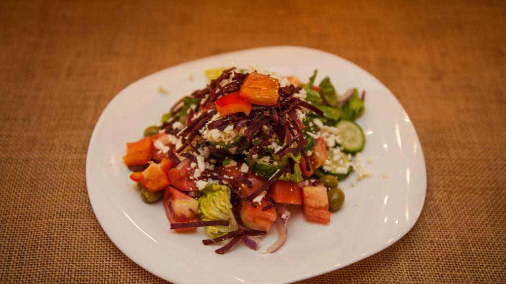 Greek Salad · Gluten-free. tomatoes, cucumbers, red onions, feta cheese, basturma.