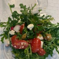 Arugula Salad* · 16 oz of mixture of baby arugula ,raisin ,almonds ,cherry tomato, reddish ,and feta cheese  ...