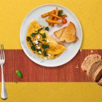 Greek Superior Omelette · Scrambled eggs, Kalamata olives, feta, and tomatoes as an omelette.
