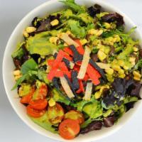 Baja Verde · Spring Mix, Romaine, Corn, Grape Tomatoes, Tortilla Strips, Black Beans, Cilantro, Scallion ...