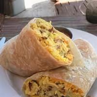 Burrito Breakfast · Two eggs scramble w/ cheese w/ham  bacon .sausage and home fríes.