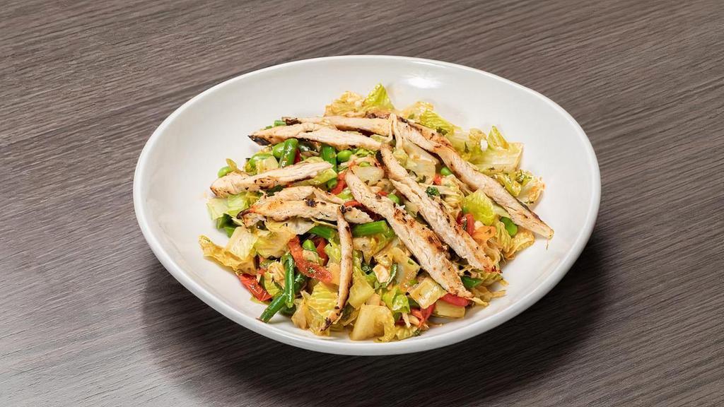 Asian Chicken Salad 2.0 · Grilled chicken, romaine, peppers, green beans, peanuts, scallions, cilantro, sesame seeds, cabbage, hoisin dressing