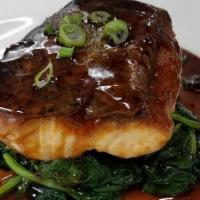 Roasted Salmon · mashed potatoes, sauteed spinach, ginger soy sauce