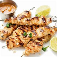 6 Pieces · Grilled chicken skewers with your  choice, 
Cilantro lime, Sweet chili, BBQ Jerk wood, Plain.
