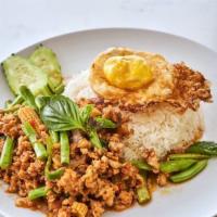 Dancing Chicken Spicy Basil · Hot and spicy. Ground chicken with red onion, green bean, long hot green chili, garlic, fres...