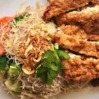 Grandma Noodles · Stir-fry rice noodles With Deep fried Ground chicken
-Broccoli, Carrots, Garlic, Napa, Peppe...