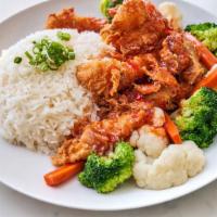 Crispy Fish 3 Flavors  · Crispy Fried white fish Topped with Sweet Sour Spicy sauce served with rice and steamed Vege...