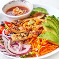 Grilled Chicken Salad · Chicken, lettuce, scallion, carrot, red cabbage, shallot, cucumber, radish, mixed greens, an...