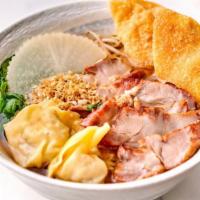 Pork And Wonton Noodle Soup · Pork and pork wonton, egg noodle, scallion, beansprout, scallion, and Napa with clear broth ...