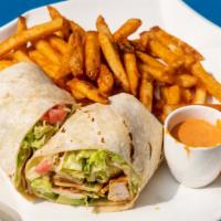 Chicken Caesar Wrap · Grilled chicken, romaine lettuce, parmesan cheese and Caesar dressing served on choice of wr...