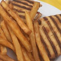 Grilled Chicken Panini · With roasted peppers, fresh mozzarella cheese and balsamic vinaigrette. Served with choice o...