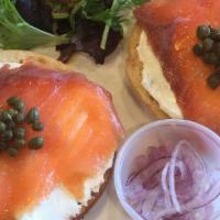 Classic Salmon · 157458792 favorite: Smoked salmon, red onions, capers, dill. Served with a small side salad.
