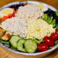Three Scoop Salad · One Scoop of our Homemade Chicken Salad, Egg Salad AND Tuna Salad over our Garden Salad