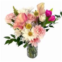 Sweet Spring · A composition of white daisies, tulips, and pink mini calla lilies will put a smile on anyon...