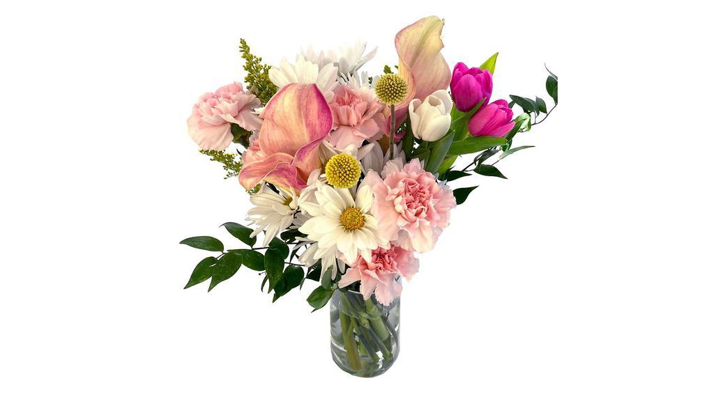 Sweet Spring · A composition of white daisies, tulips, and pink mini calla lilies will put a smile on anyone's face.