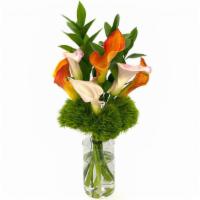 Calla Spray · For calla lovers, this elegant display of mini calla lilies in pink and orange with a suppor...