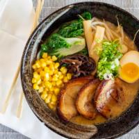 Miso Ramen · Chashu pork, soy egg, bamboo Earwood pork, choy, bean sprout, mushroom, scallion and yellow ...
