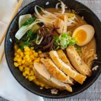 Chicken Ramen · Chicken soy egg, bamboo, bok choy, bean sprout, Earwood, mushroom, com, scallion and white t...