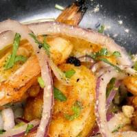 Gunpowder Shrimp · crusted with flavors of chana dal, sesame, curry leaves, and kashmiri peppers (GF)