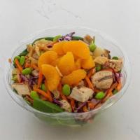 Mandarin Chicken Salad · Spinach, Grilled Chicken, Edamame, Carrot, Red Cabbage, and Wonton Strip with Mandarin on to...