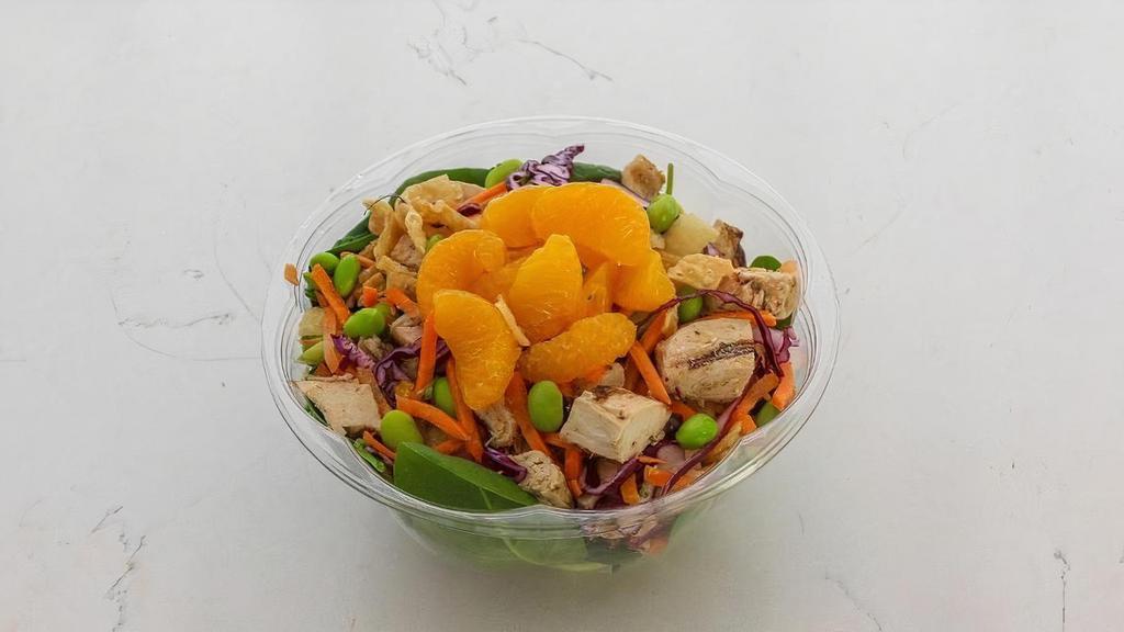 Mandarin Chicken Salad · Spinach, Grilled Chicken, Edamame, Carrot, Red Cabbage, and Wonton Strip with Mandarin on top!. Recommended Dressing: Miso Ginger