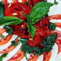 Mozzarella & Tomato · Four thick slices of our homemade fresh mozzarella and red ripe tomatoes on a bed of lettuce...