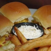 Choo Choo Burgers · Three mini two ounces burgers cooked over an onion marinade. Served on potato bread rolls wi...