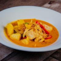 Yellow Curry · Spicy. Mild curry sauce with sweet potato, pepper, onion and coconut milk. Served with jasmi...