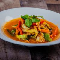 Jungle Curry ( No Coconut Milk ) · Red curry chili paste, bamboo shoots, carrots , string beans, thai basil , bell peppers, Rhi...