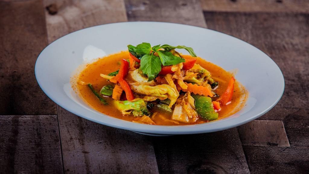 Jungle Curry ( No Coconut Milk ) · Red curry chili paste, bamboo shoots, carrots , string beans, thai basil , bell peppers, Rhizome root, Veggie broth.