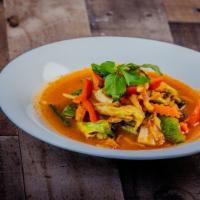 Jungle Curry · Red curry chili paste, bamboo shoot , red bell peppers, carrots, string beans, Rhizome root ...