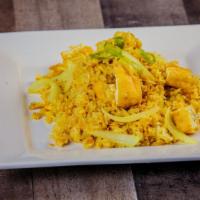 Curry Fried Rice  · Rice, egg, onions , curry powder, scallions .