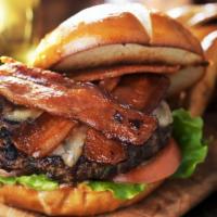 Cowboy Bbq Burger + Fries · All beef patty smothered in Cheddar Cheese, Hickory BBQ Sauce, Cherrywood smoked bacon, Cris...