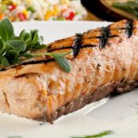 Miso Salmon · Organic fresh miso marinated salmon glazed with a miso-teriyaki sauce, served with mash & gr...