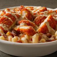 Buffalo Chicken Mac  · Buffalo fried chicken and a sharp black and blue cheese on top, baked to heal the soul