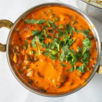 Mushroom Matar · Peas and mushrooms cooked in a mild curry sauce. Vegetarian.