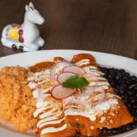 Chicken Enchilada · Served with rice beans, sour cream, fresh cheese and red onion.