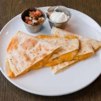 Four Cheese Quesadilla · Jack, Cheddar, Oaxaca & Mozzarella cheese, served with sour cream and pico de gallo