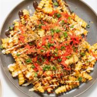 Okonomiyaki Fries · Yaki glaze, kewpie mayo, bonito, scallions, furikake and pickled ginger.
